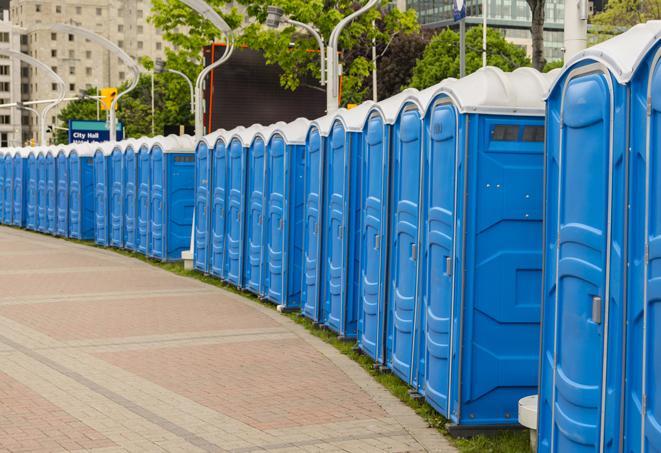 portable restrooms with sink and hand sanitizer stations, available at a festival in Corcoran MN